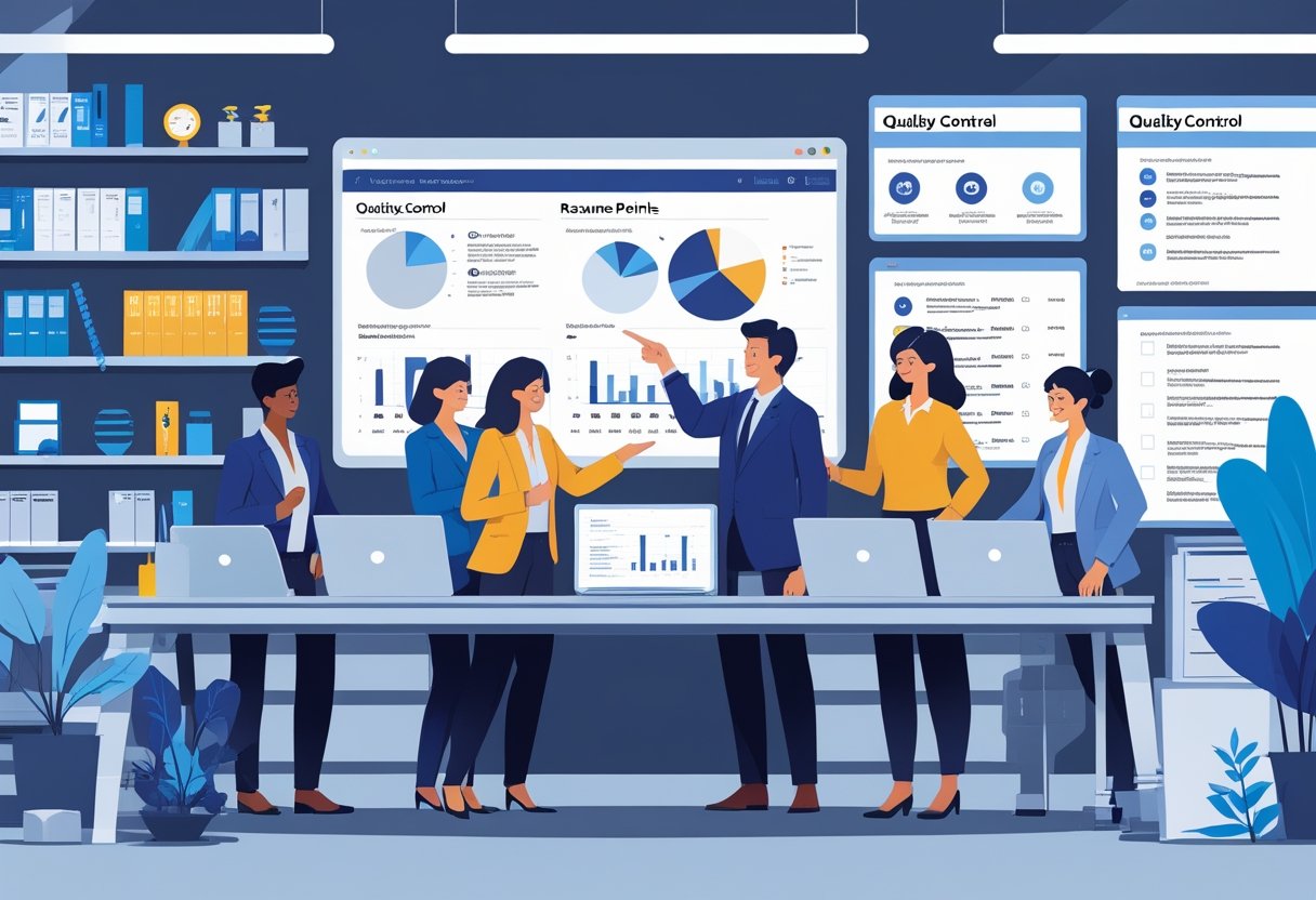 A group of professionals collaborating around a desk with laptops and a large screen displaying charts and resume templates in a modern office.