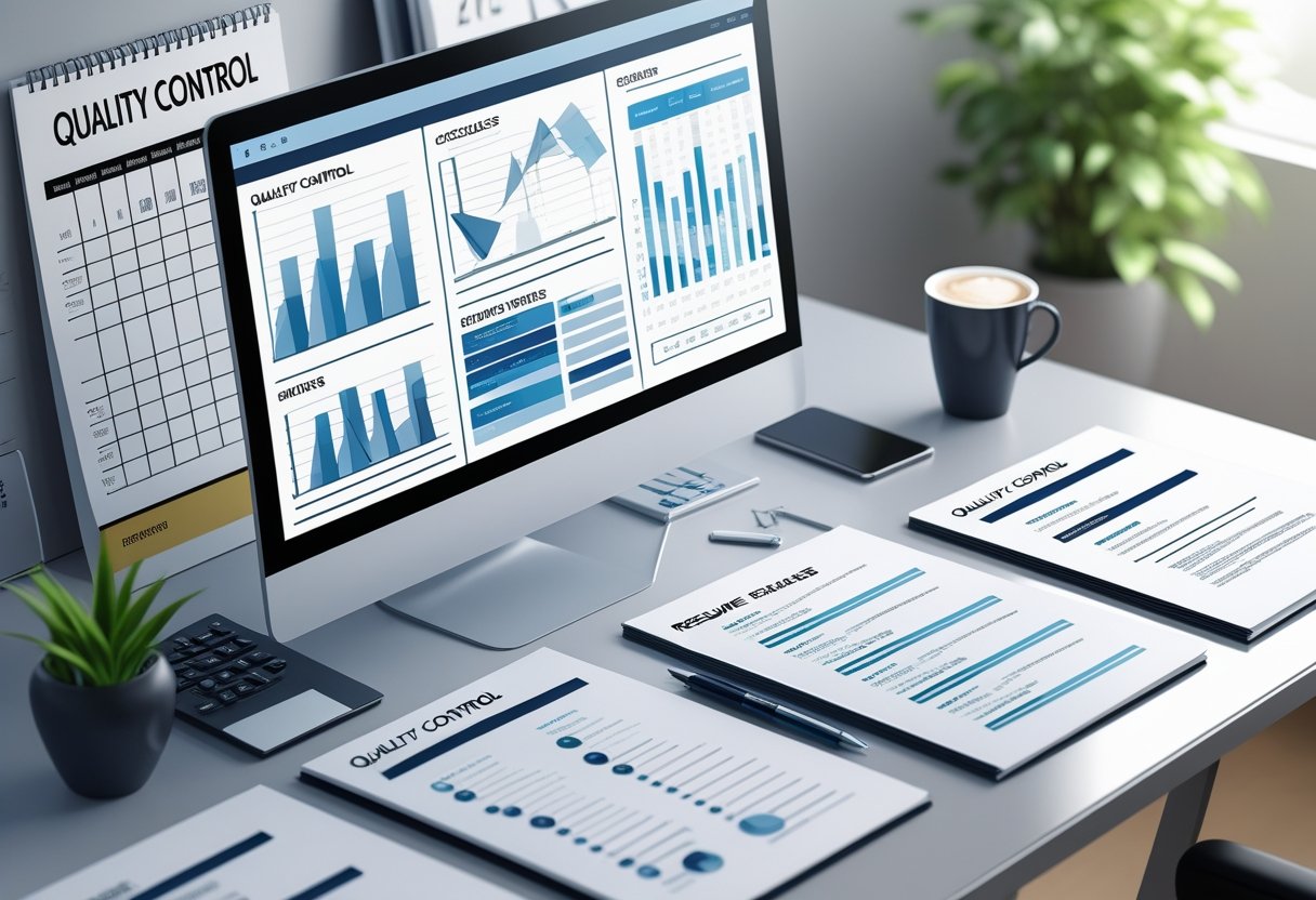 A modern office desk with a computer showing charts and checklists, documents and a pen nearby, a calendar marked 2025 in the background, and a coffee cup and plant on the desk.