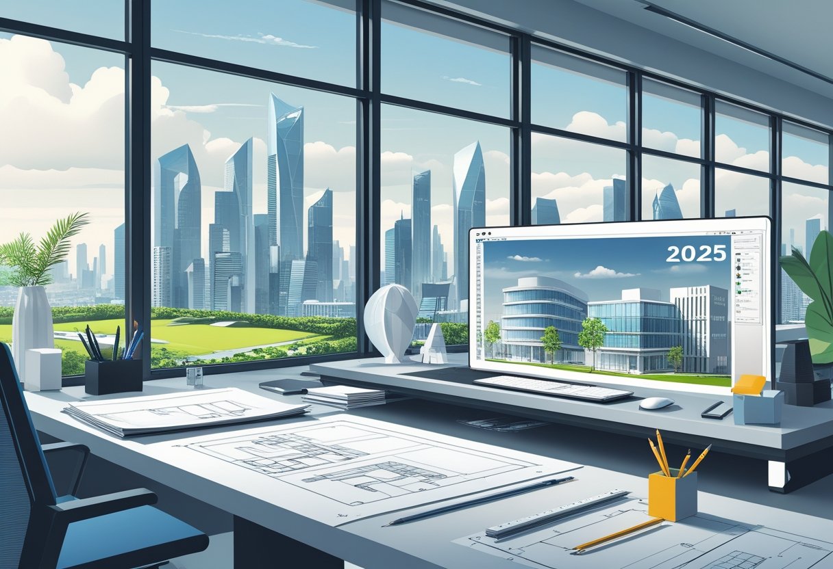 24 Architect Resume Examples & Guide for 2025: Stand Out with Proven Templates and Expert Tips 1 A modern architect's workspace with blueprints, a computer showing 3D building models, drafting tools, and a city skyline visible through a large window.