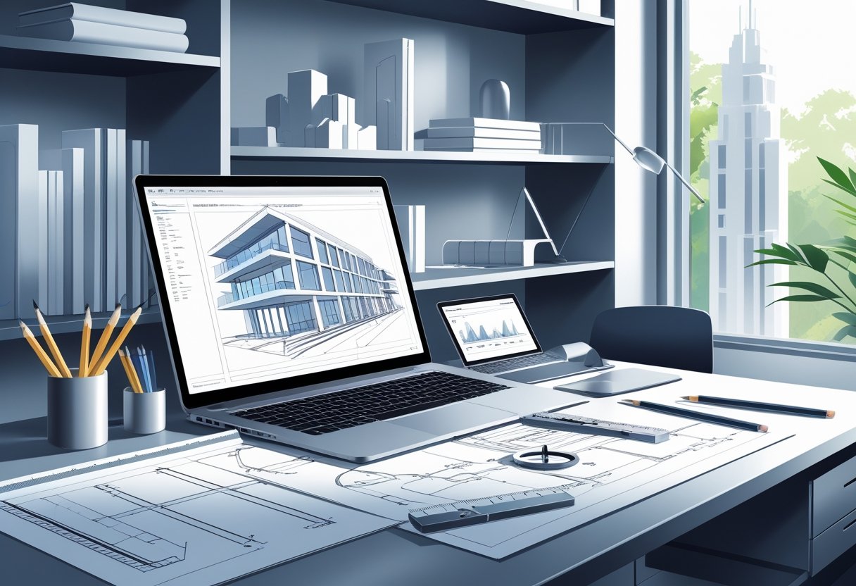 A modern architect's workspace with blueprints, drafting tools, a laptop showing building designs, and shelves with architectural books and models.