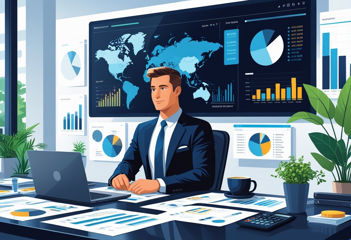 A finance manager working at a desk with financial charts and documents in a modern office.