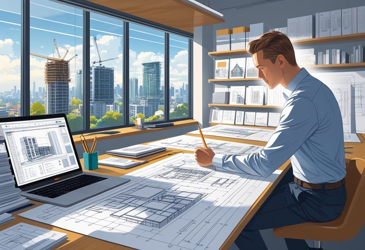 An architect reviewing blueprints and digital models at a drafting table in a well-lit office overlooking a city skyline.