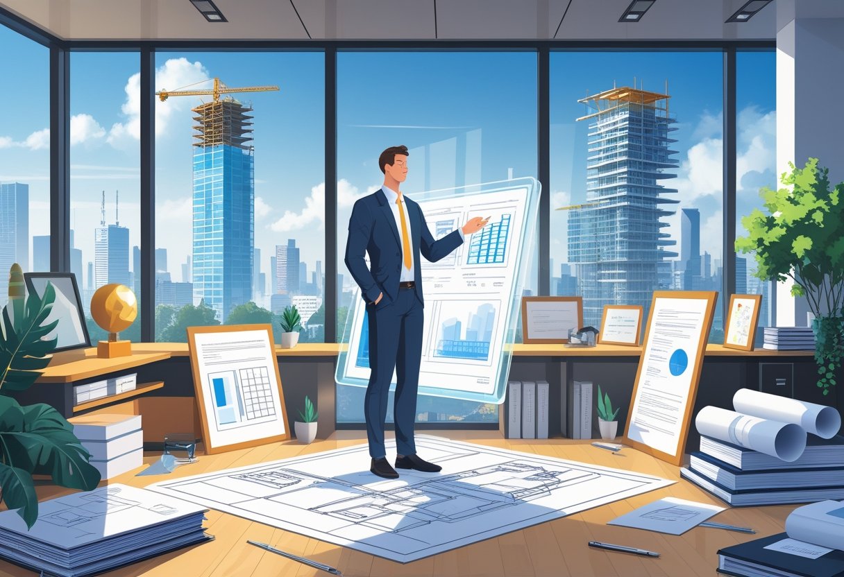 An architect reviewing blueprints in a modern office surrounded by architectural models, certificates, and a city skyline with buildings under construction.