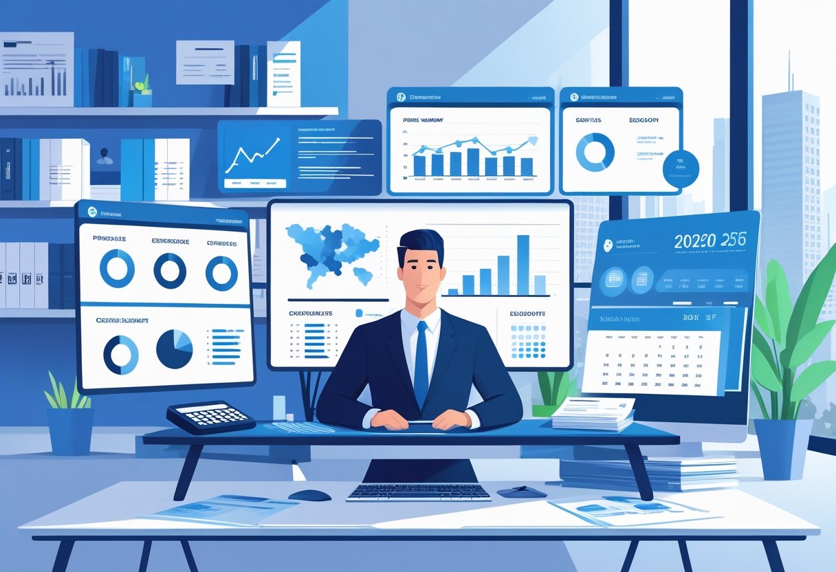 A finance manager working at a desk with multiple screens showing financial charts and data in a modern office setting.