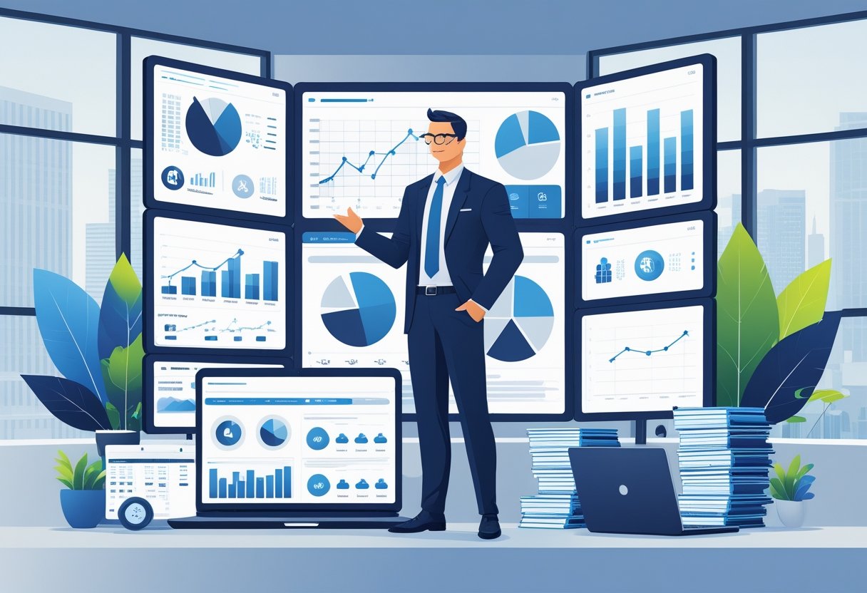 A finance manager working in an office surrounded by financial charts, graphs, a laptop, and documents, analyzing data and planning.