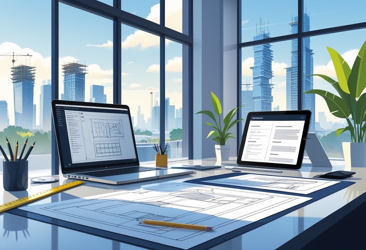 An architect's workspace with blueprints, laptop, design tools, and a city skyline visible through a large window.