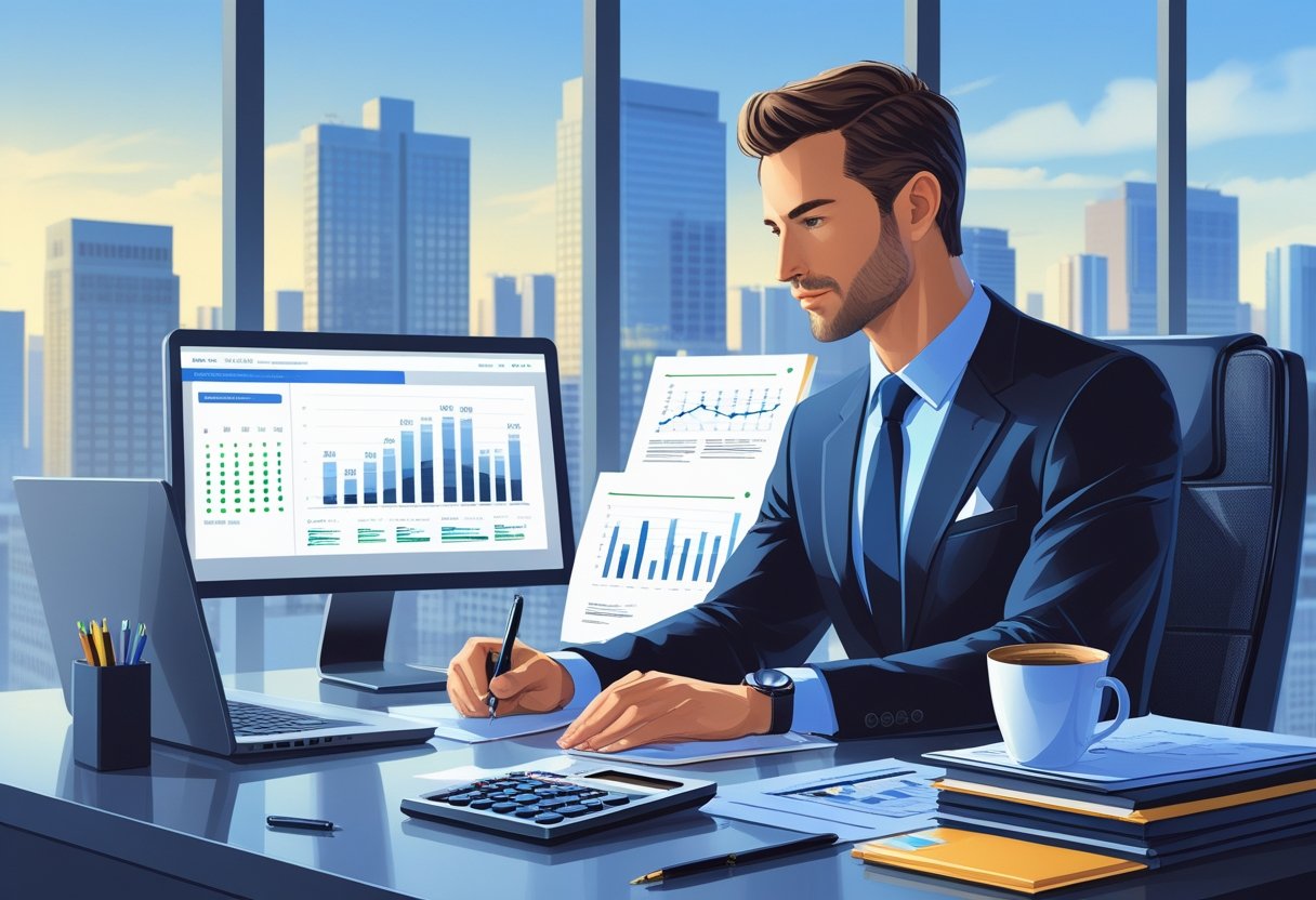 A finance manager working at a desk with financial documents and a laptop in a modern office with a city view.