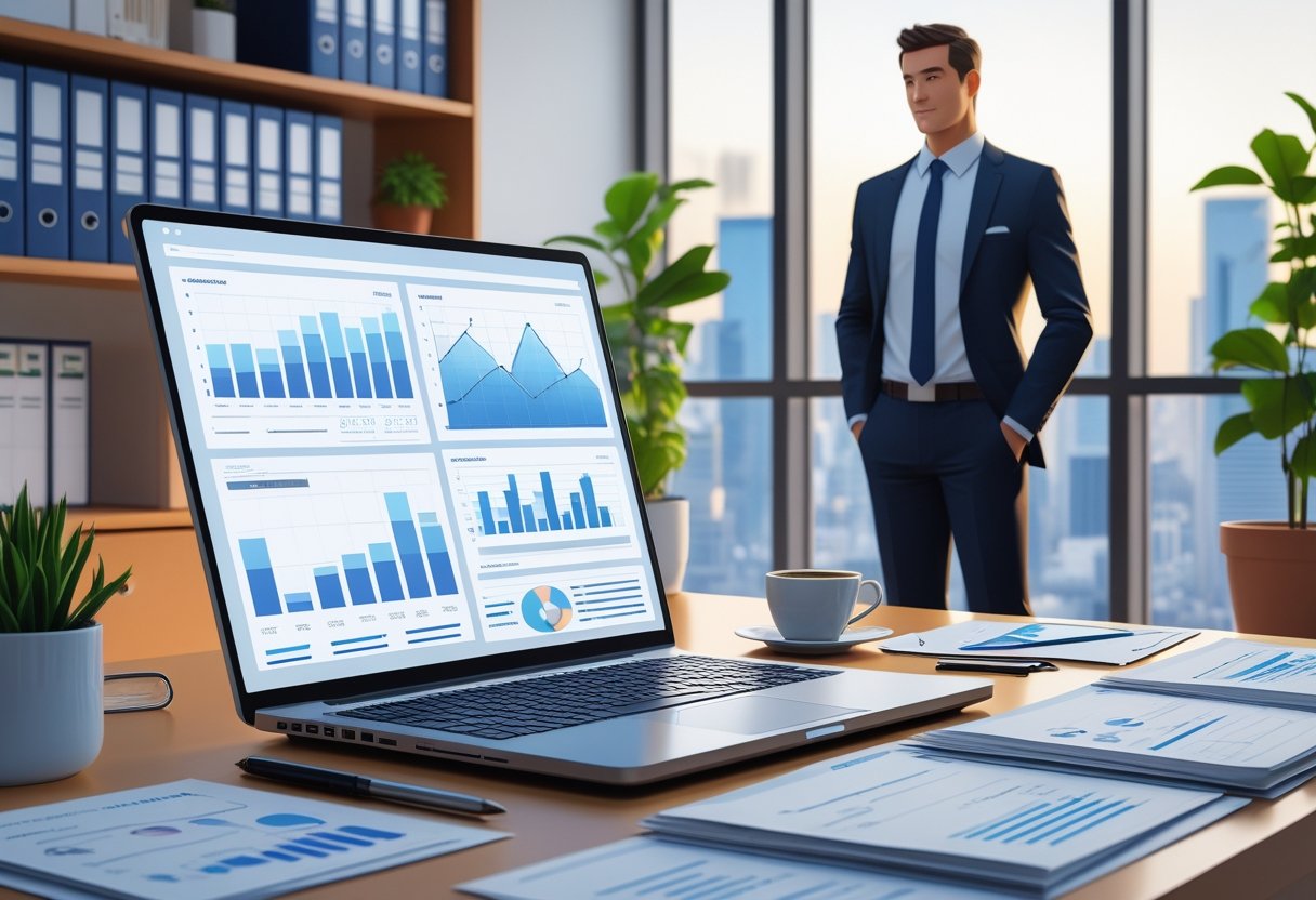 A finance manager standing in an office with a laptop showing financial charts, surrounded by documents and office supplies, with a city view through the window.