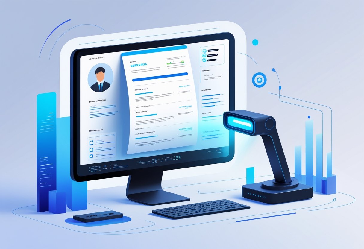 Free ATS Resume Scanner | Scan Your Resume for Job Application Success 1 A computer screen displaying a resume being scanned by a nearby device with graphical elements indicating data analysis.