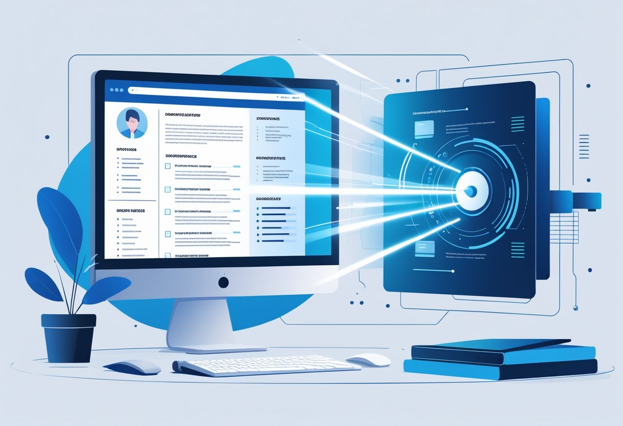 A computer screen showing a digital resume being scanned by animated lines, representing an automated resume scanning process.