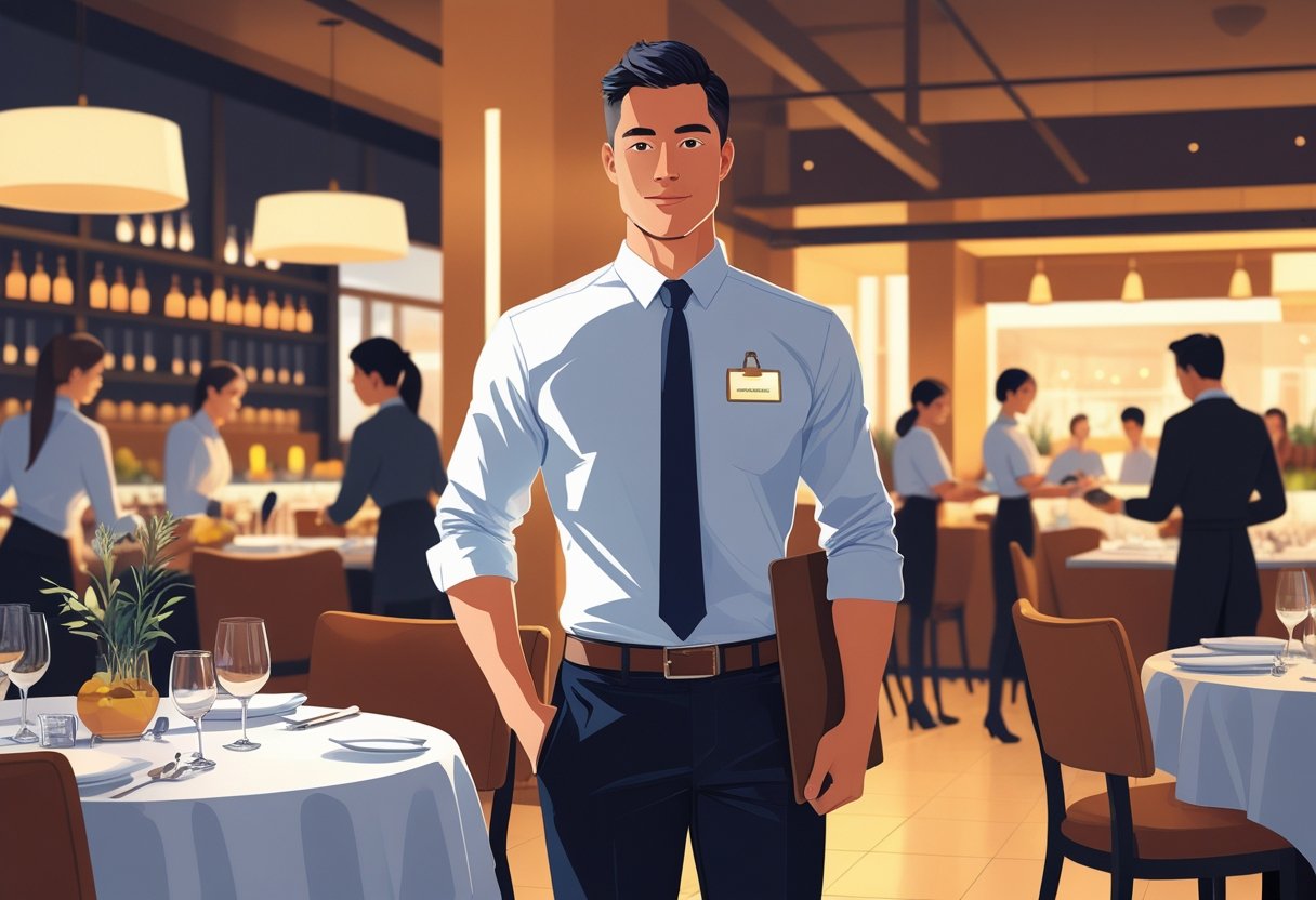 29 Restaurant Manager Resume Examples & Guide for 2025: Proven Templates and Expert Tips 1 A confident restaurant manager standing in a busy restaurant with staff serving customers and tables set for dining.