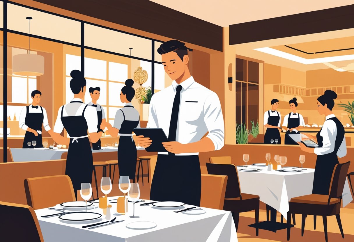 A restaurant manager overseeing staff and customers in a busy, modern restaurant dining area.