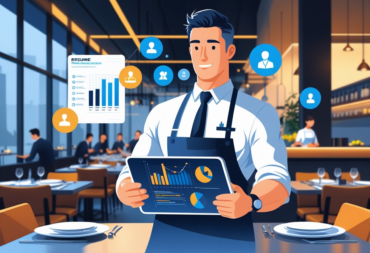 A restaurant manager reviewing a digital tablet in a modern restaurant with staff working in the background.