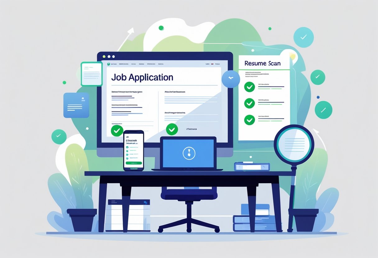 A workspace with a laptop, smartphone, and checklist showing a resume scanning and job application process.