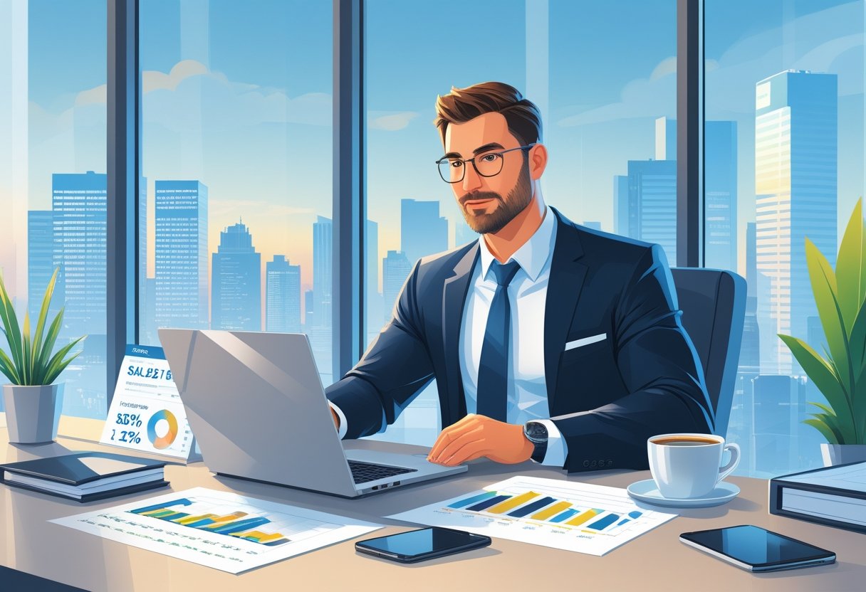 21 Sales Executive Resume Examples & Guide for 2025: Expert Tips for Landing Top Sales Roles 1 A sales executive working at a desk with a laptop and documents, overlooking a city skyline through a large window.
