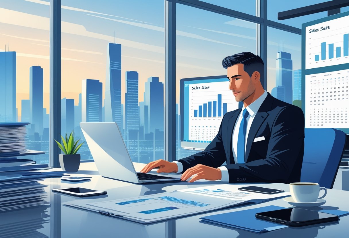 A sales executive working at a desk with a laptop and documents in a bright office overlooking a city skyline.