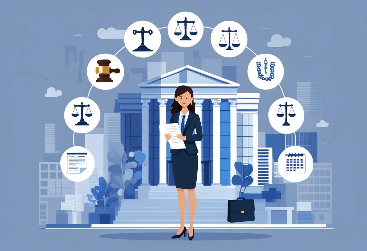 A businesswoman holding a legal document stands in front of an office building, surrounded by icons representing various legal actions related to wrongful termination.