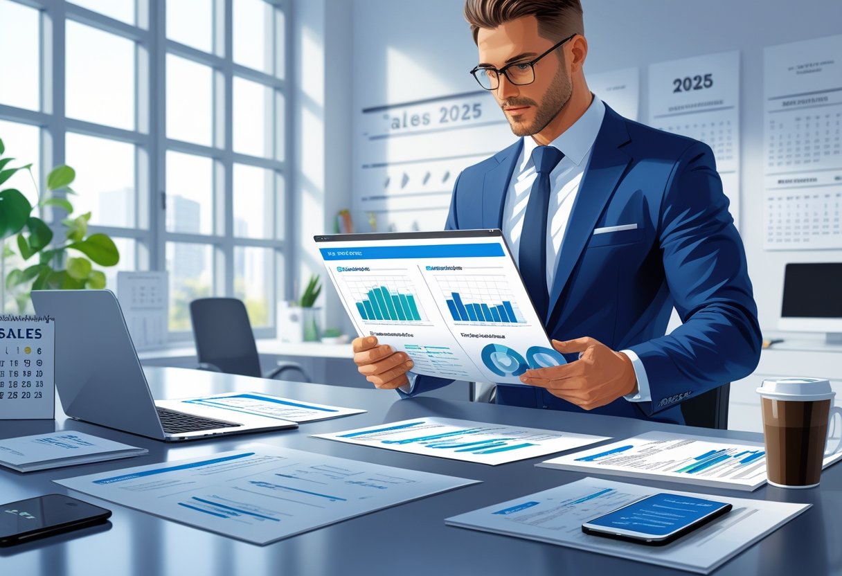 A sales executive in business attire reviewing resumes and sales charts at a modern office desk with natural light.
