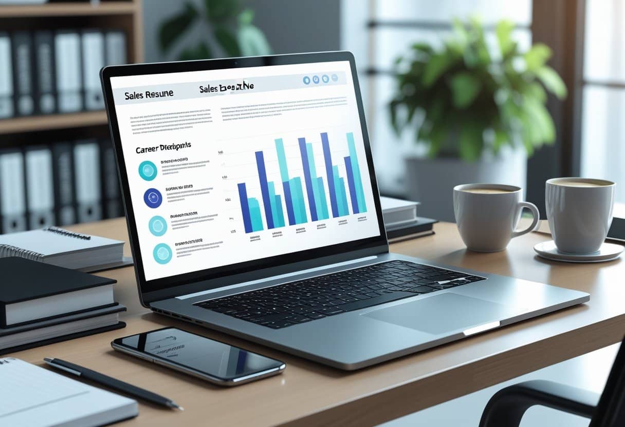 A modern office desk with a laptop showing charts and documents, surrounded by work essentials in a bright workspace.