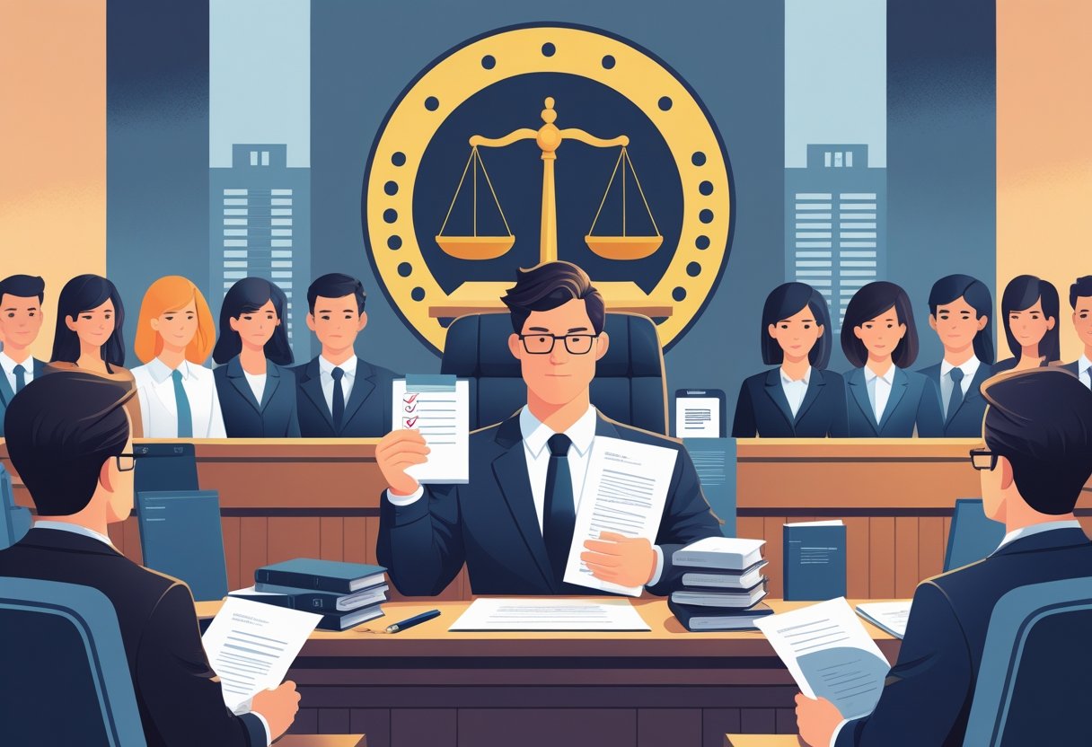 A courtroom scene with a lawyer presenting a case to a judge, surrounded by symbols of justice, legal documents, and a group of employees discussing their rights, with a corporate building in the background.