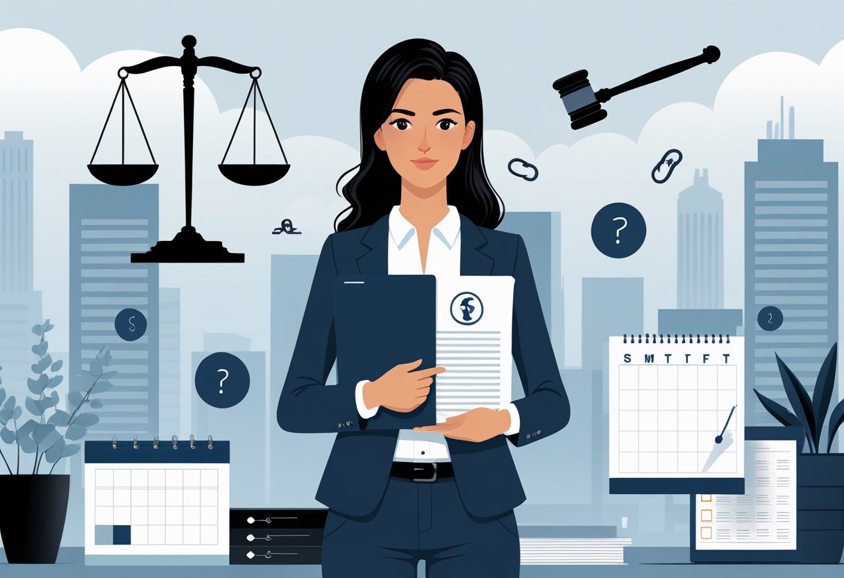A businesswoman holding legal documents surrounded by symbols of justice, a gavel, a broken chain, a calendar, and a checklist in an office setting with city buildings in the background.