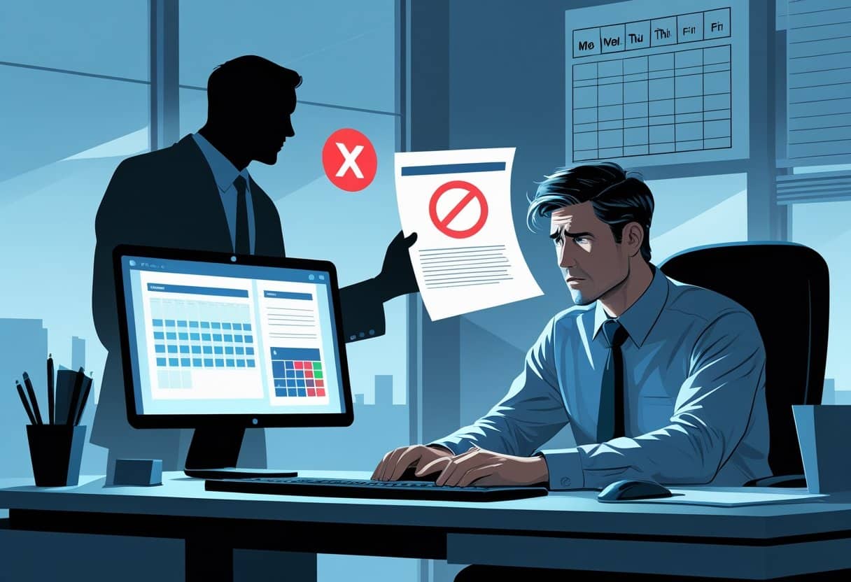 An office worker looks worried at a computer screen with a red warning icon, while a shadowy figure behind hands over a contract, with a calendar and clock in the background showing overlapping work shifts.