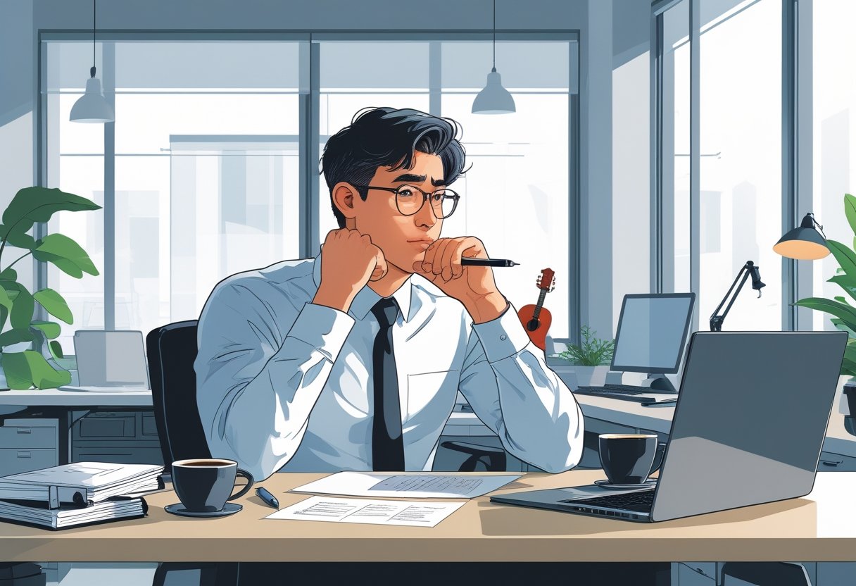 Do I Have to Tell My Employer That I Have a Second Job Rules and Considerations 1 A person sitting at a desk in an office looking thoughtful, with a laptop and papers nearby, and a second workspace visible in the background.