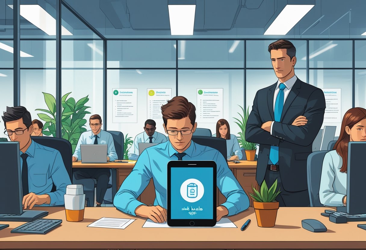 Can You Get Fired for Having a Side Hustle? What Employees Need to Know 1 An office scene showing employees working while a manager observes and an employee looks at a smartphone with a side business app.