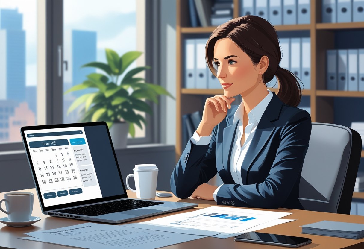 A businesswoman sitting at a desk in an office, looking thoughtfully at her laptop with documents and a smartphone nearby.
