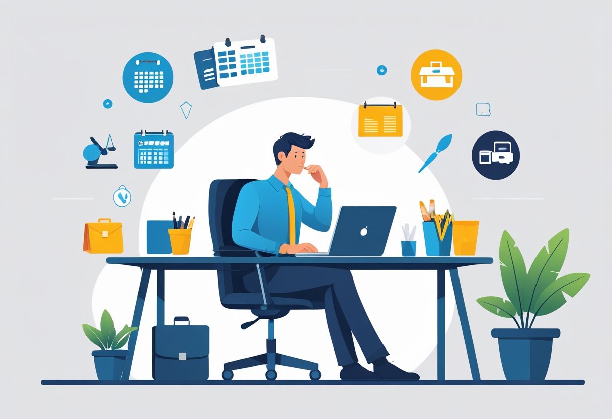 An office worker sitting at a desk with a laptop, surrounded by symbols of a main job and side activities, looking thoughtful.