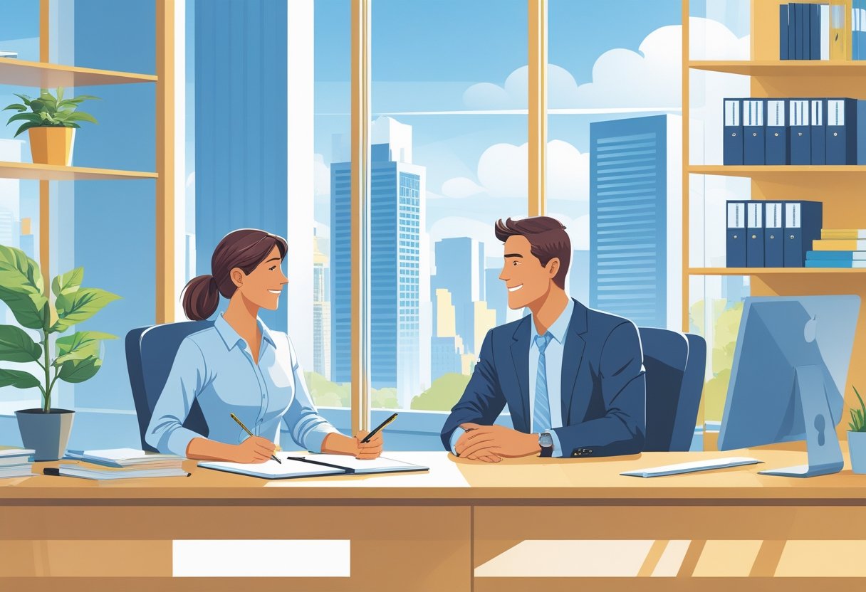 An employee and employer having a respectful conversation in a modern office setting.