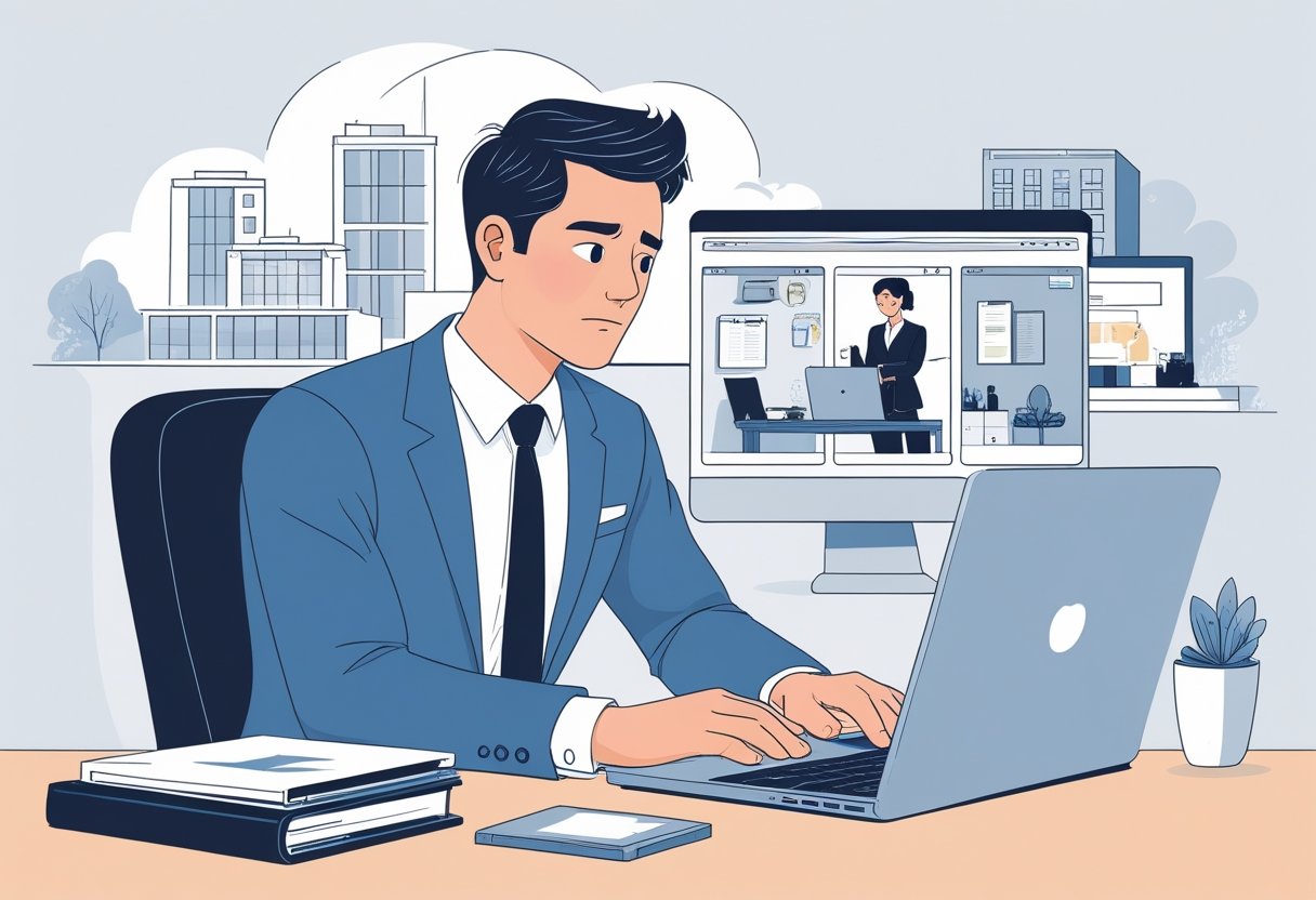 A person sitting at a desk looking thoughtfully at a laptop showing scenes of their primary office job and a second casual job.