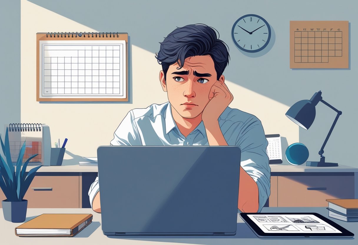 Do I Have to Tell My Employer About a Second Job Reddit Advice and Legal Insights 1 A person sitting at an office desk looking thoughtful, with two different work items on the desk representing two jobs.