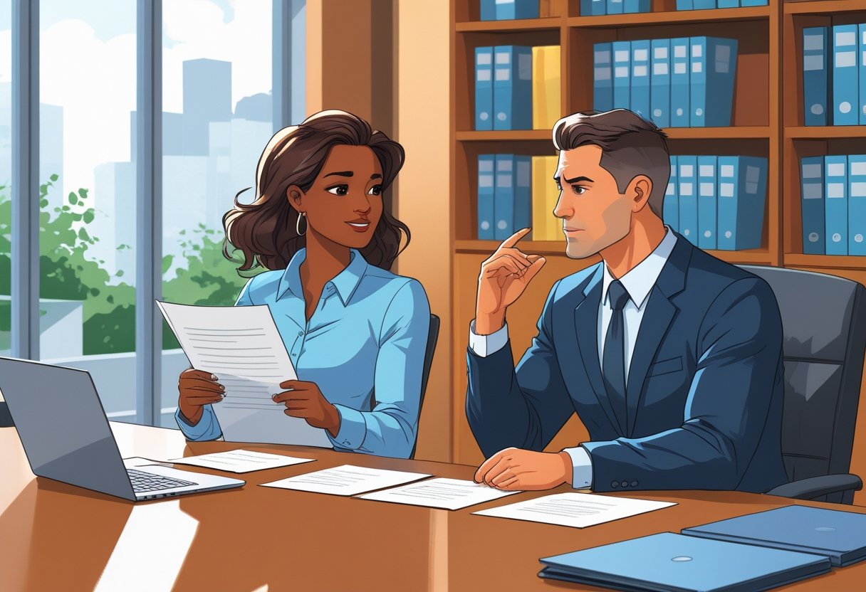 An employee and employer having a serious discussion in an office meeting room with papers and a laptop on the table.