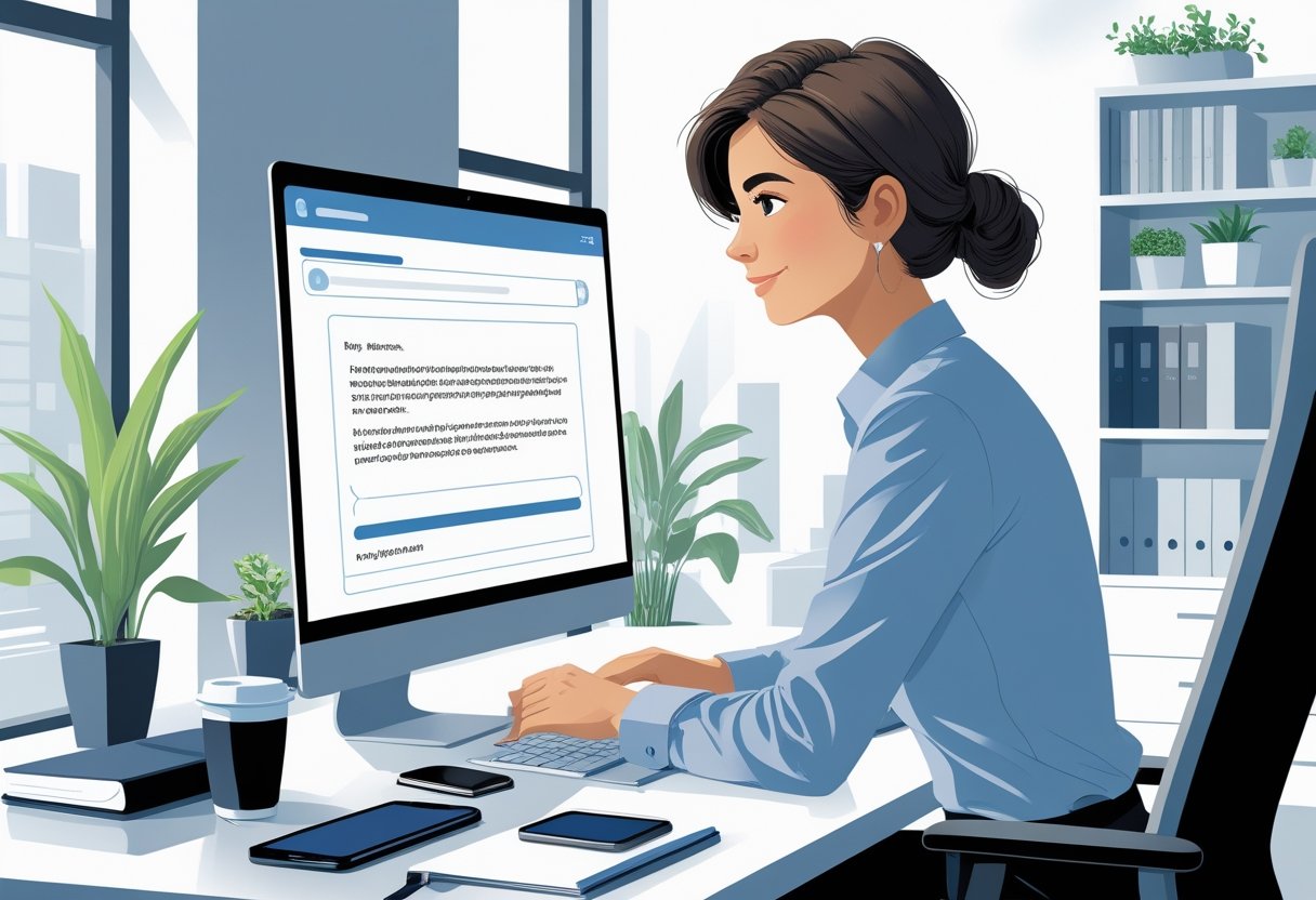 A young professional at a desk reading an email on a laptop in a bright office setting.