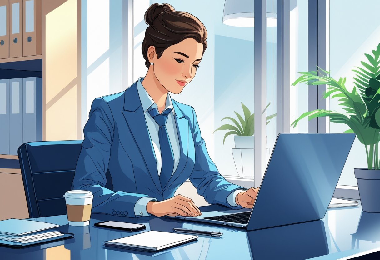 A person in business attire sitting at a desk, reading an email on a laptop in a tidy office environment.