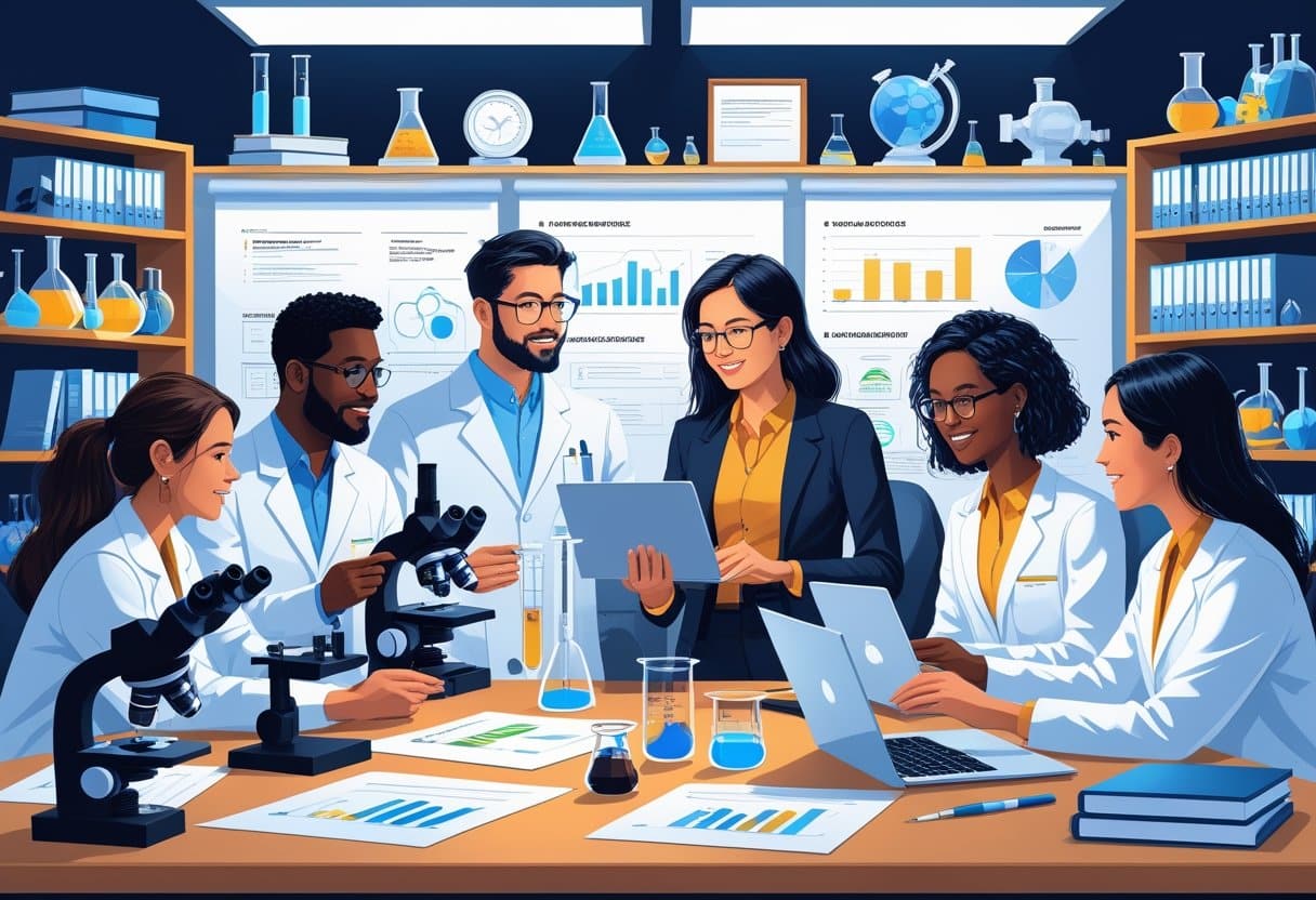 25 Scientist Resume Examples That Got Jobs for 2025 with Proven Success Tips 1 A group of scientists working together in an office, reviewing documents and scientific equipment around them.
