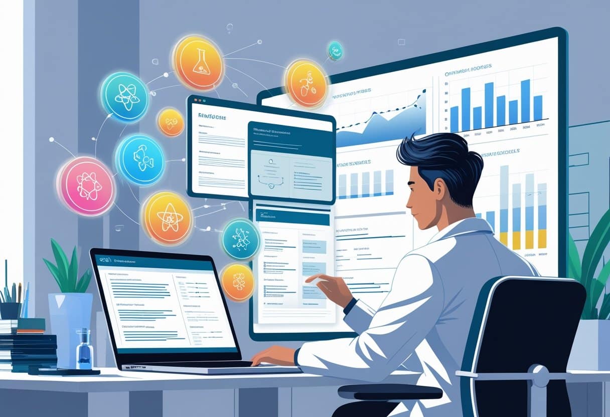 A scientist at a desk working on a digital resume with floating scientific icons and charts in a modern office setting.