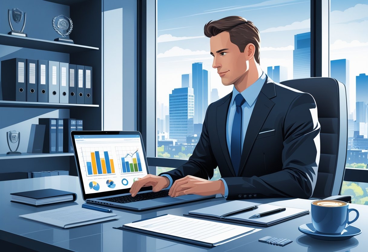 10 Executive Manager Resume Examples & Guide for 2025: Proven Templates and Writing Tips 1 An executive manager working at a desk in a modern office with a laptop, documents, and a cityscape visible through a large window.