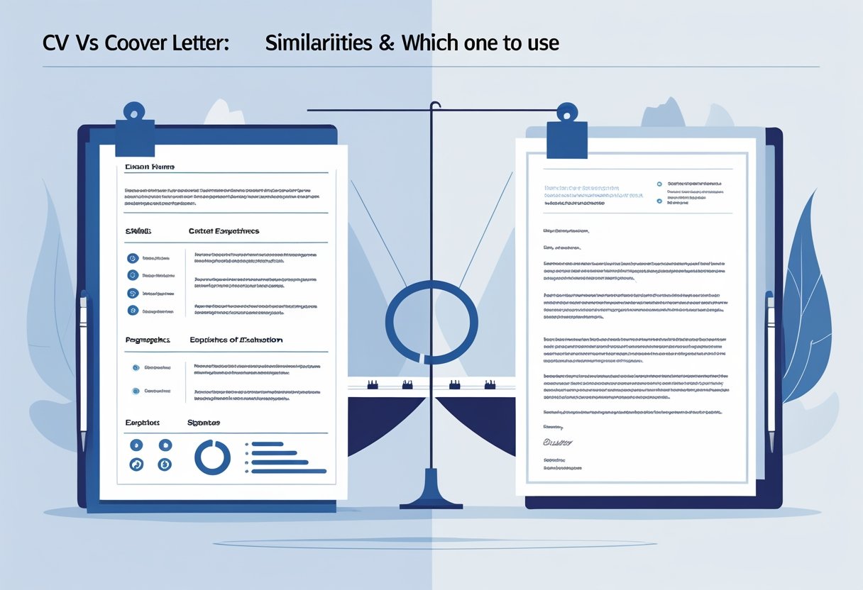 CV vs Cover Letter: Differences, Similarities & Which One to Use for Your Job Application 1 An illustration showing a split scene with a resume on one side and a cover letter on the other, connected by a scale symbolizing comparison.