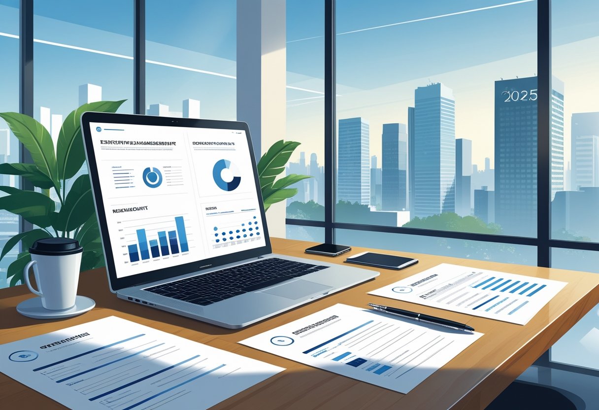 A tidy office desk with a laptop showing business charts, printed resume documents, a pen, a coffee cup, and a city skyline visible through a window.