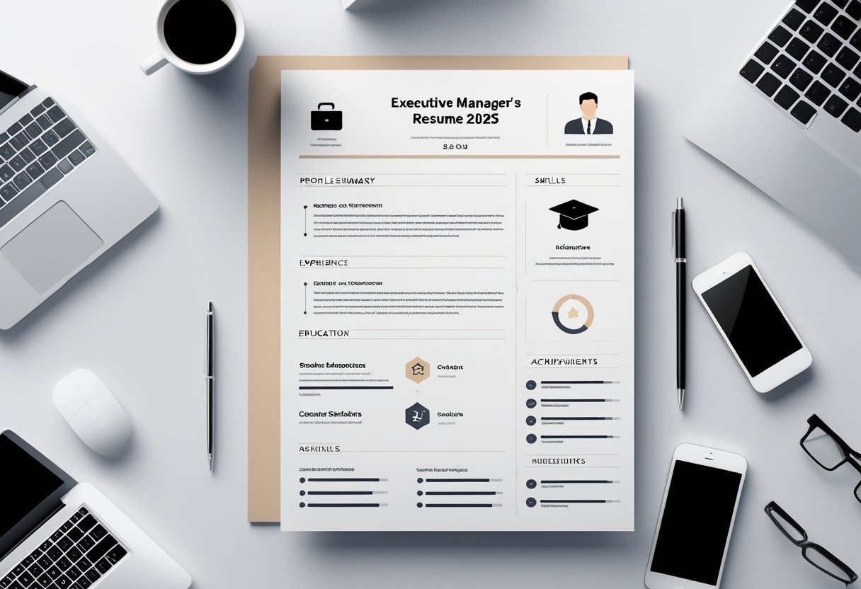 A clean office desk with a resume document and related work items representing an executive manager's career.