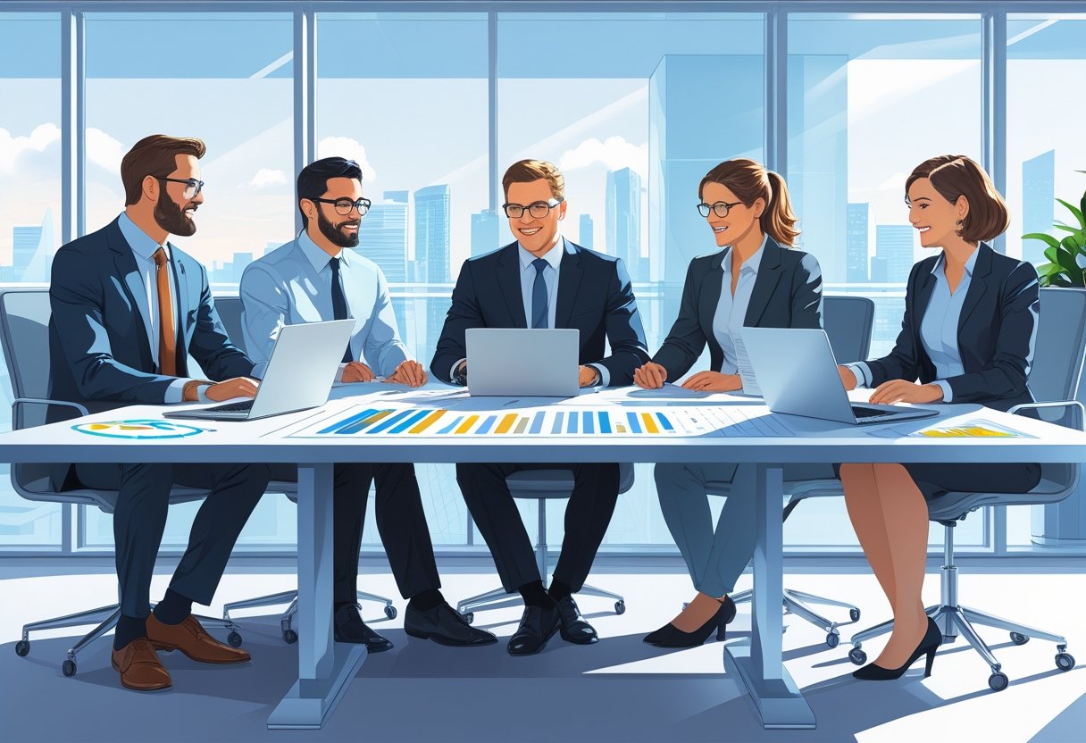 Five business professionals in a meeting around a conference table with laptops and documents in a modern office.