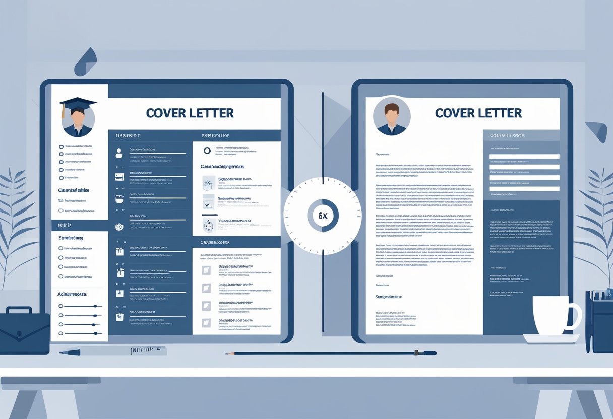 A side-by-side illustration comparing a CV with sections like education and work experience, and a cover letter showing a formal letter layout, with icons representing their components and a balanced scale between them.