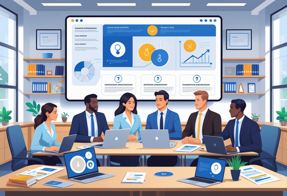 A group of executive managers in business attire collaborating around a conference table with laptops and documents in a bright office setting.