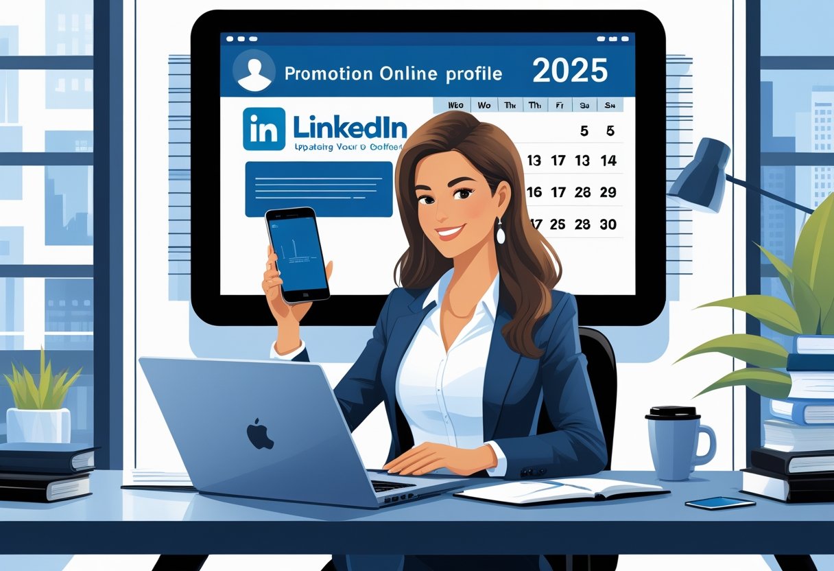 How (and When) to Add Your 2025 Promotions to Your LinkedIn Profile for Maximum Impact 1 A businesswoman updating her LinkedIn profile on a laptop at a desk with a calendar showing the year 2025 in the background.
