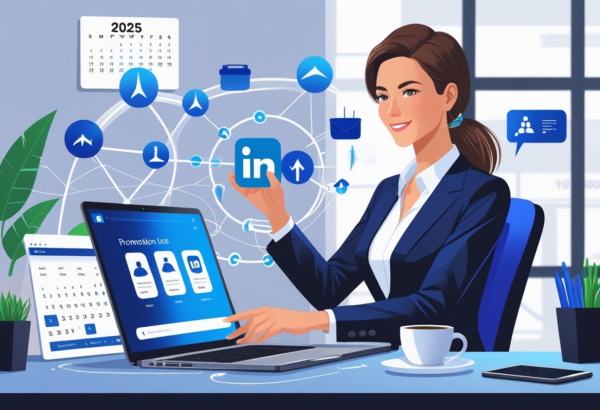A businesswoman updating her LinkedIn profile on a laptop in a modern office, surrounded by icons and symbols representing career growth and networking.