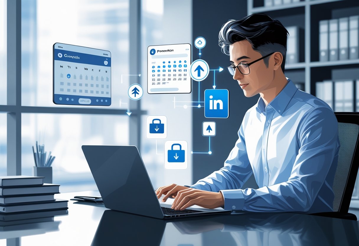A person working on a laptop in an office, updating their professional profile with symbols of career growth and promotion.