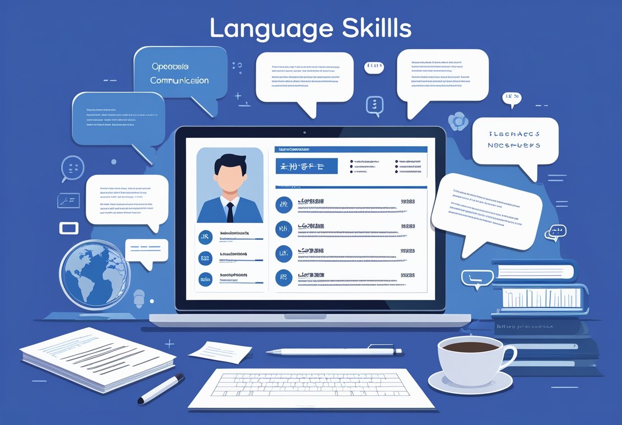 Language Skills on Resume: How to Explain Proficiency & Fluency Effectively 1 A clean office desk with a laptop showing a resume, surrounded by language symbols, notes, and a coffee cup, representing language skills and communication.