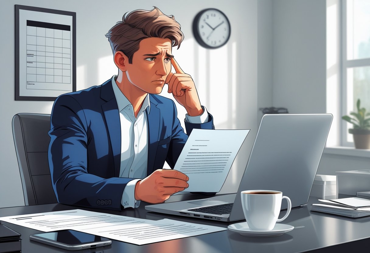 Reneging On a Job Offer: Risks, Consequences and How to Do It Right for Professionals 1 A young professional sitting at a desk looking thoughtfully at a laptop and documents, appearing to consider a difficult decision.